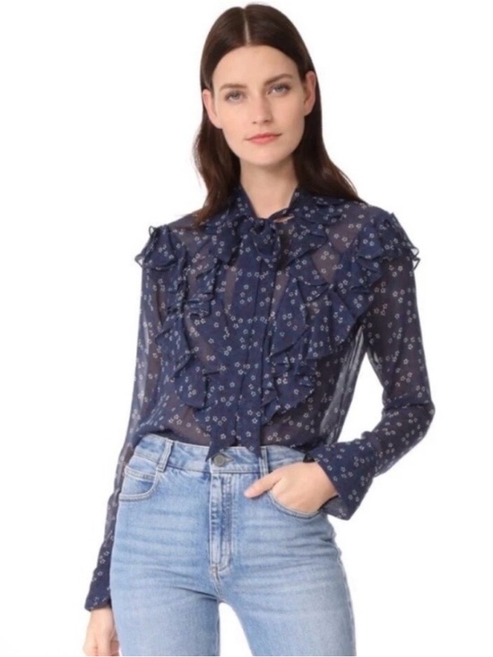 Veronica Beard Tops - Veronica Beard Women's Finley Ruffled Tie Neck Floral Printed Blouse Navy Sz 10